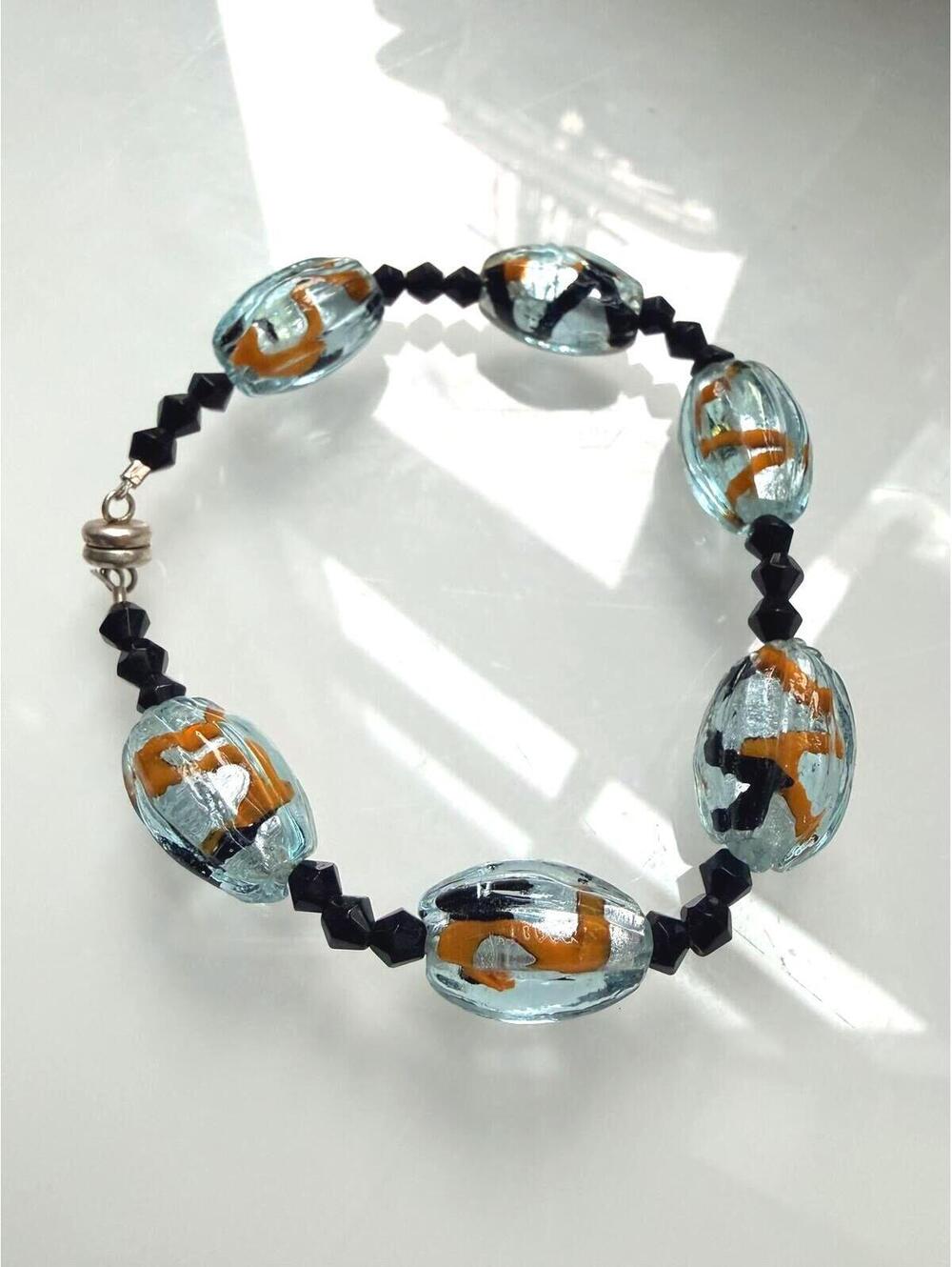 Art Glass Lamp work Bracelet Aqua Black Orange Beads